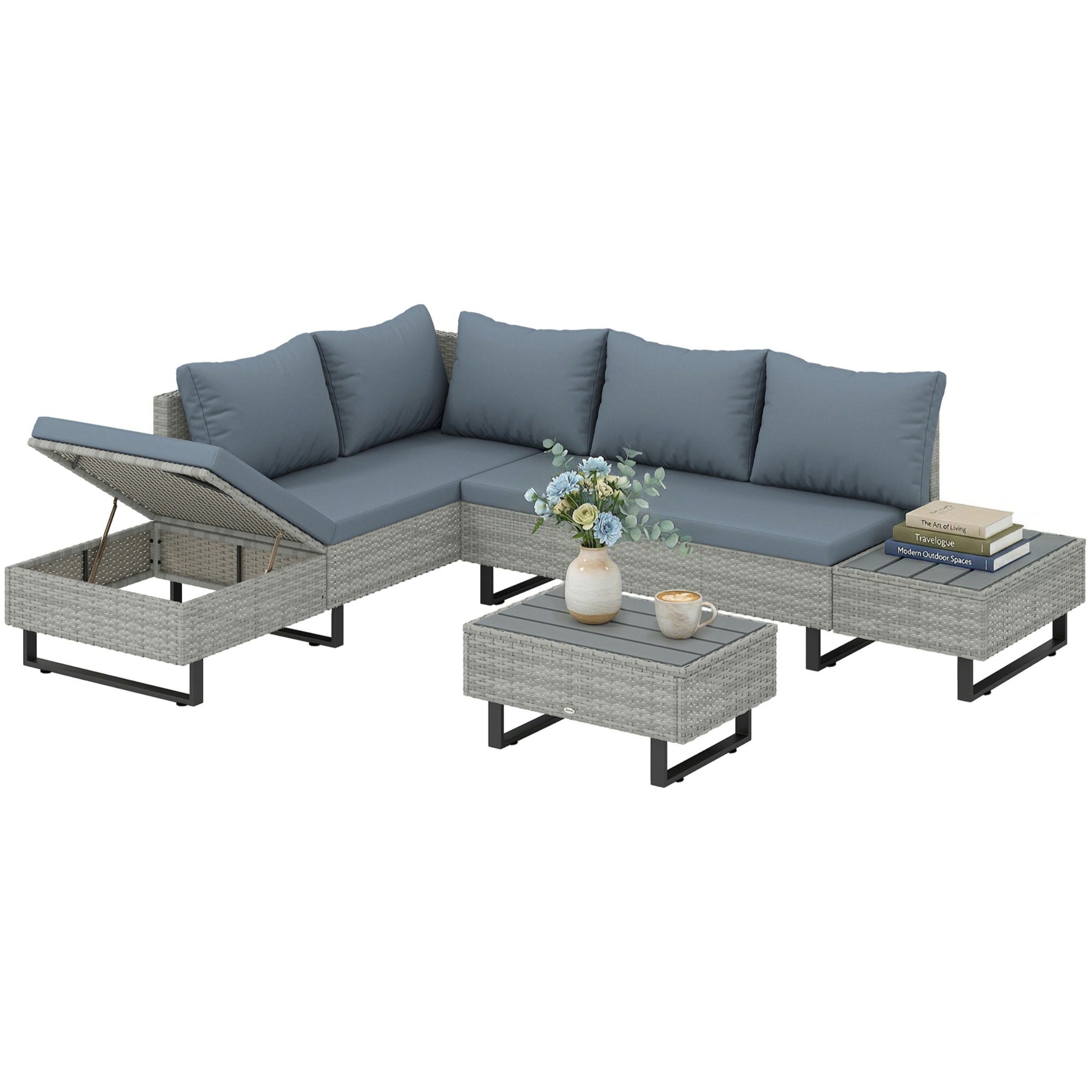 Conjunto de Jardín de Ratán de 3 Piezas, Respaldo Ajustable, Conjunto Terraza, Muebles Jardín Exterior Incluye Cojines, Sofá de 3 Plazas, Sofá de 2 Plazas, Mesa de Madera Plástico, Gris
