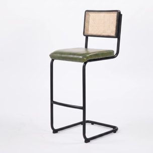 Lot de 2 chaises de bar 76 cm en cannage et cuir vert - Léandre