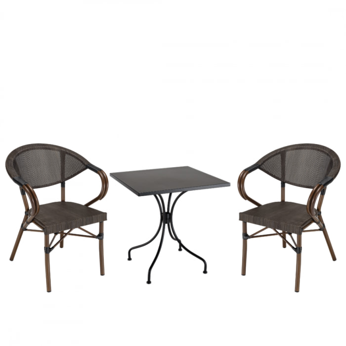 VIANNEY - Salon de jardin 2 personnes en acier - 1 table carrée 70x70cm et 2 chaises en textilène marron