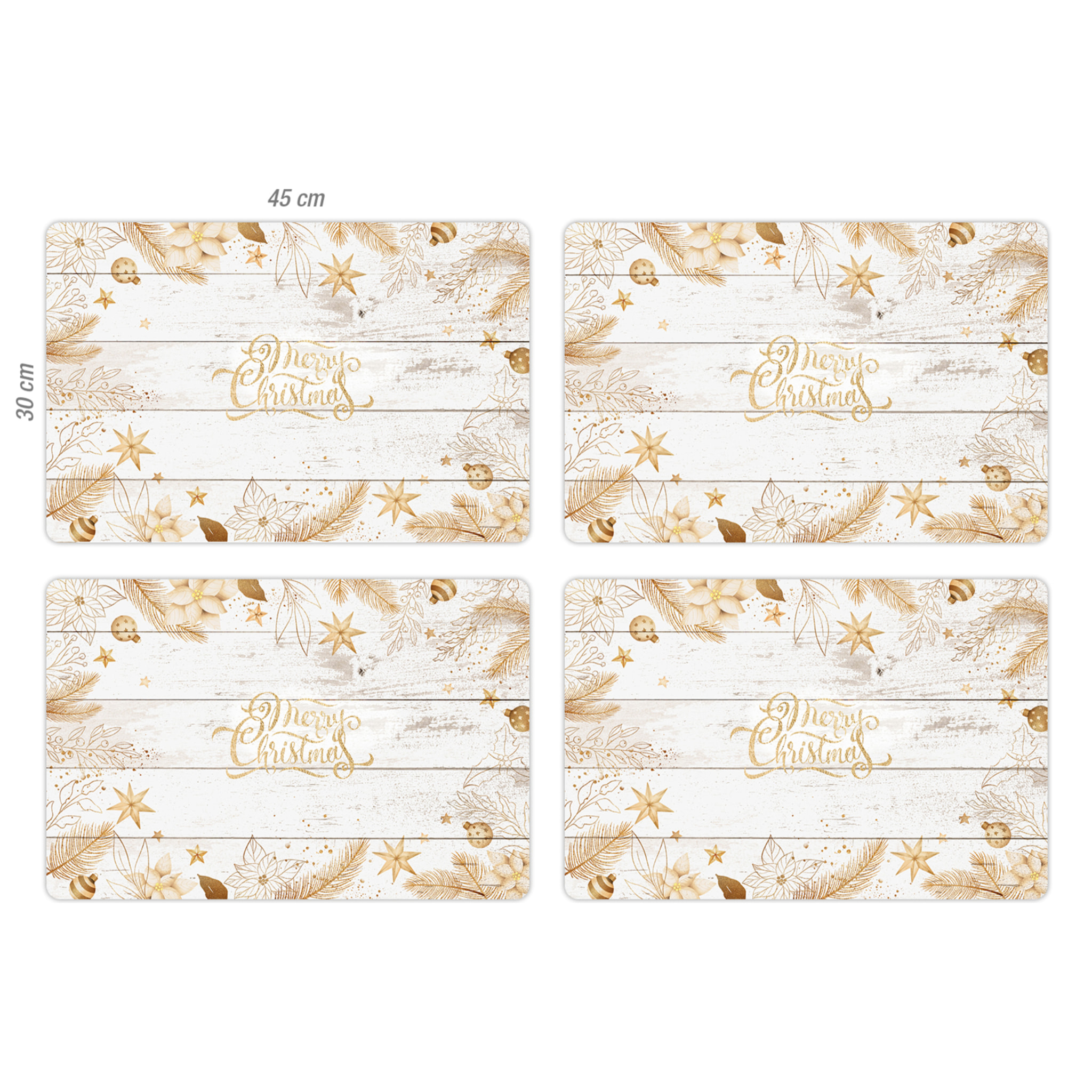 VINILIKO, set de 4 individuales de mesa Navidad oro y madera blanca 4u-30x45 cm