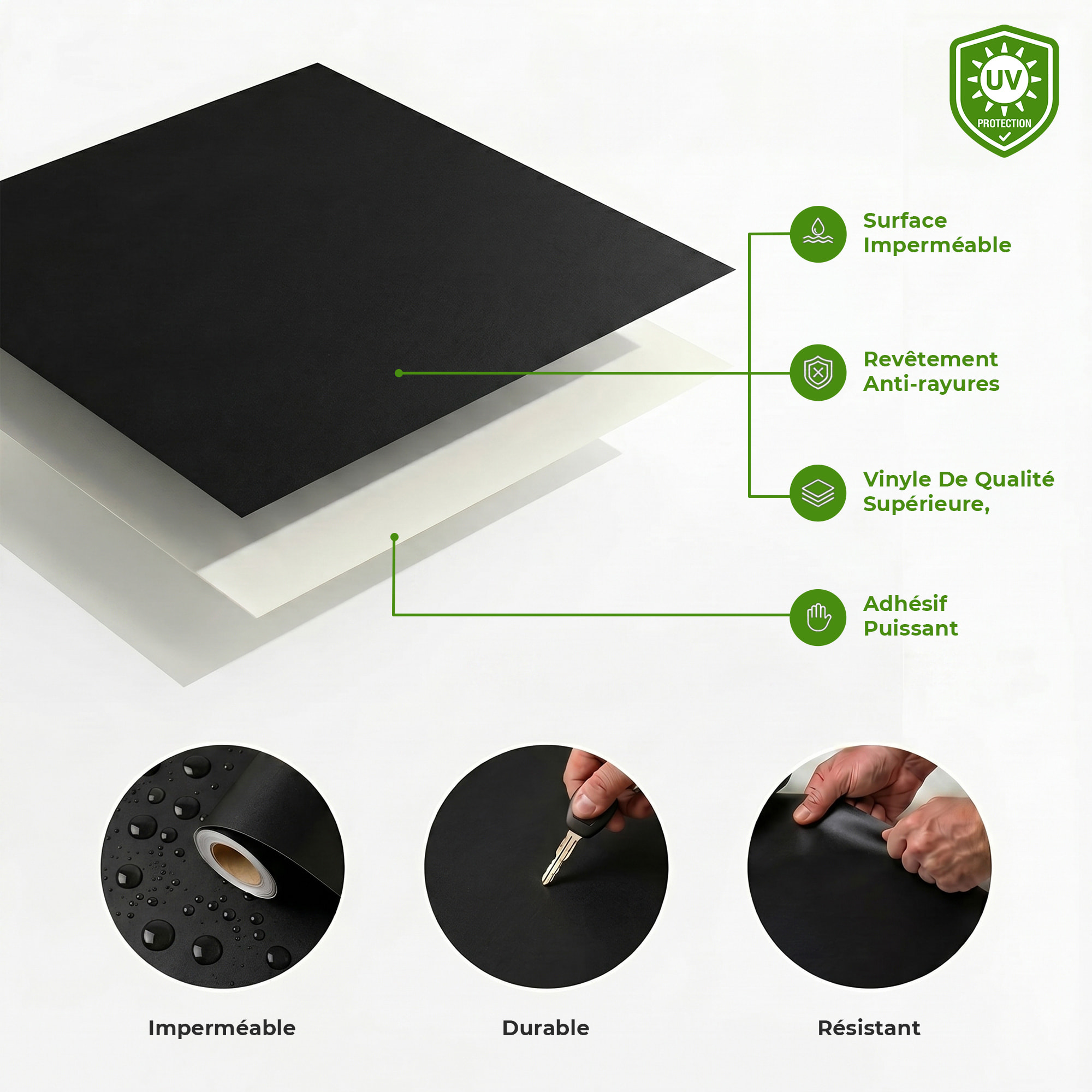 Rouleau adhésif décoratif Vinyle au Mètre - Noir - Sticker Lavable Imperméable Mur Cuisine Meubles