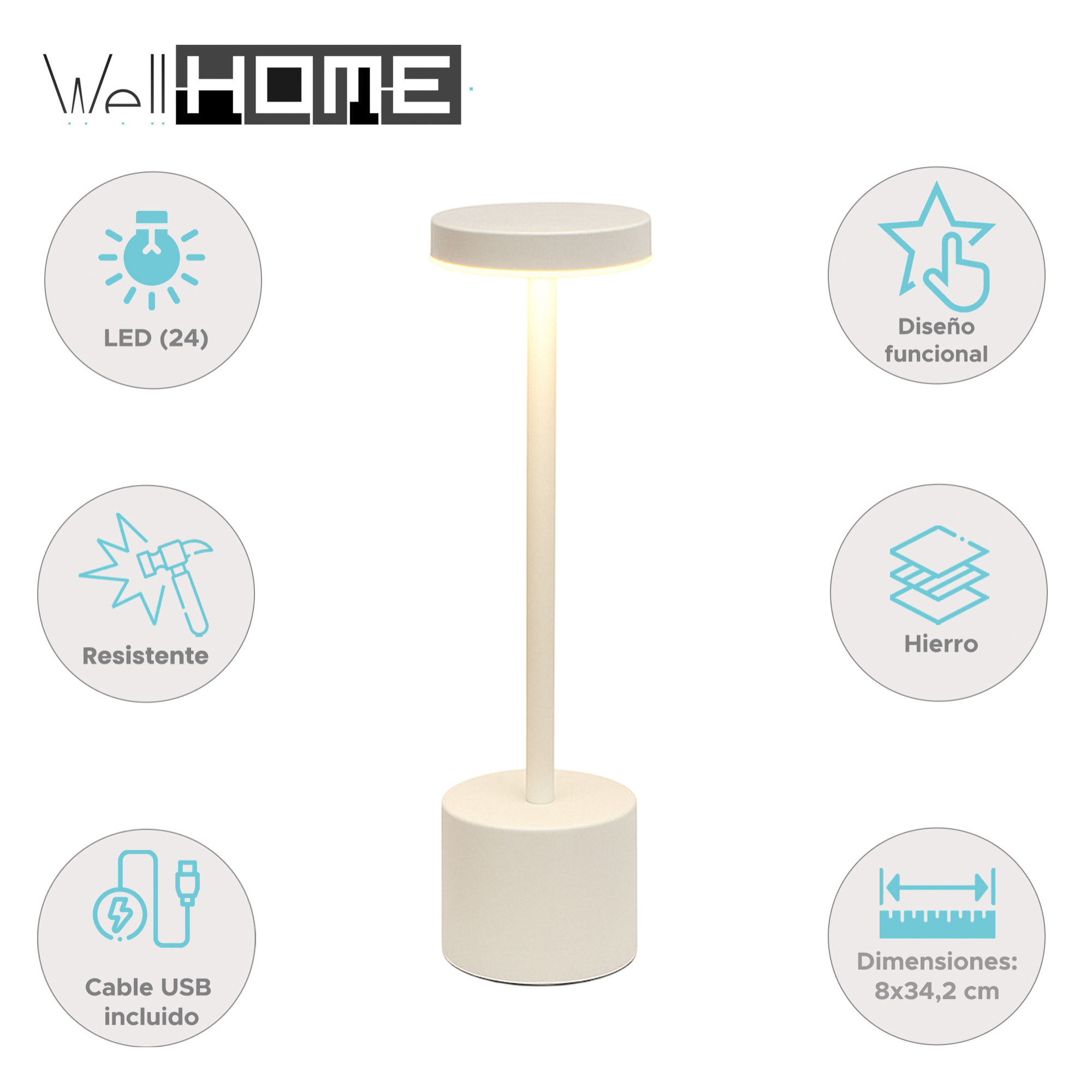 Well Home Lámpara de Mesa color Blanco con 24 luces LED blanco cálido con 3 modos de iluminación Ø8x34,2cm