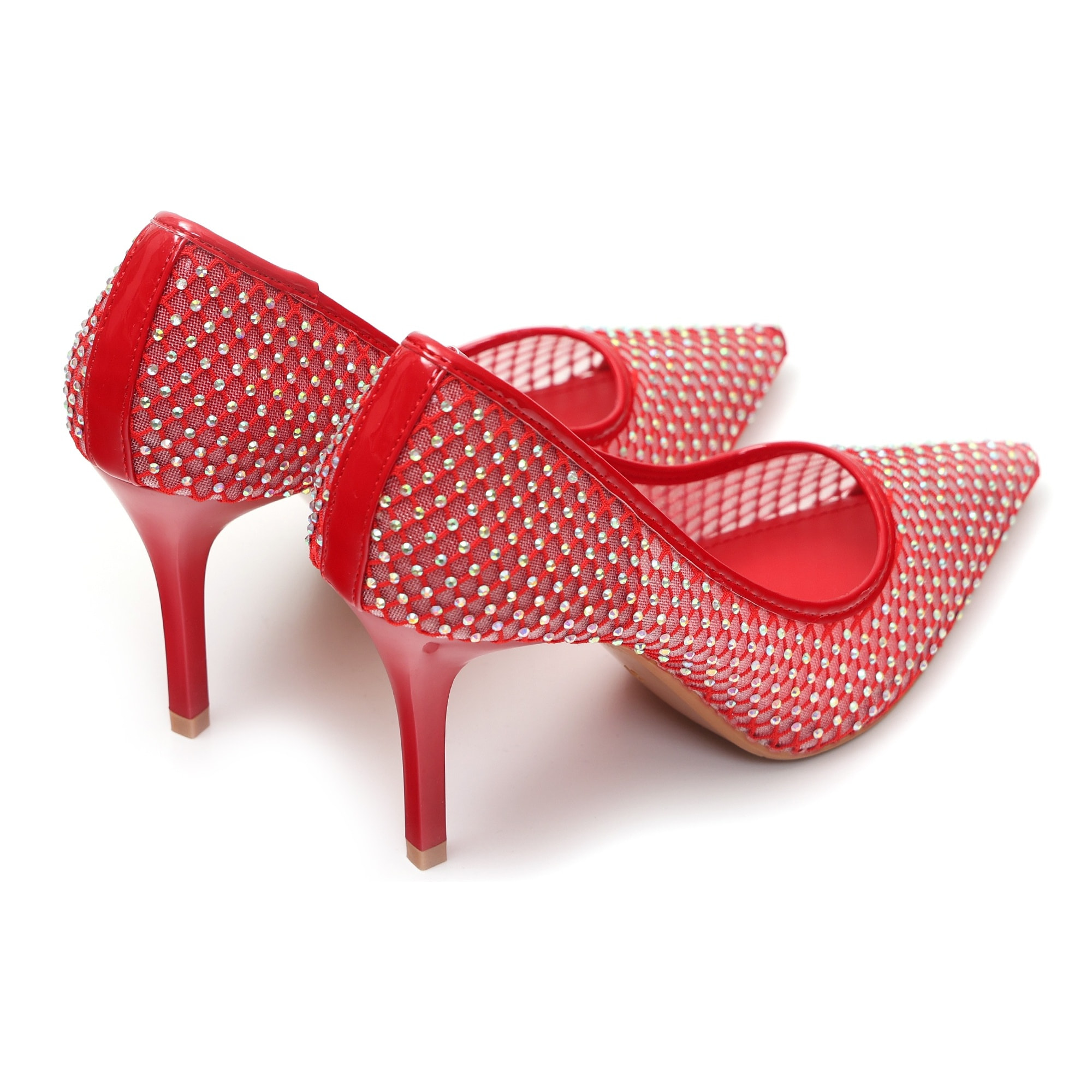 Dècolletè pumps in simil pelle con tomaia bucherellata ricoperta di strass