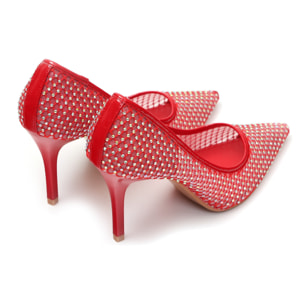 Dècolletè pumps in simil pelle con tomaia bucherellata ricoperta di strass