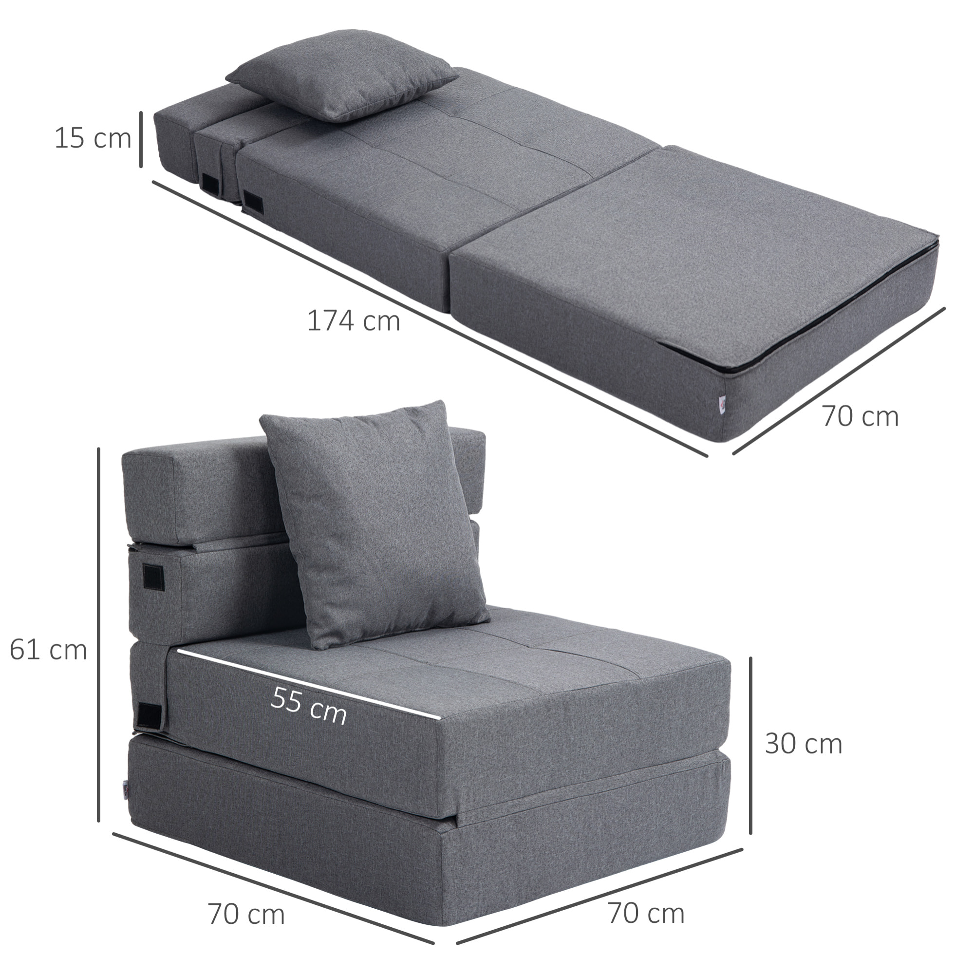 Chauffeuse canapé-lit convertible 1 place - coussin déhoussable inclus - tissu gris