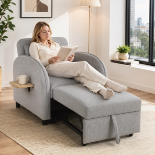 Sofá Cama 1 Plaza Convertible, 3 en 1, con Mesa Lateral Plegable, Sillón Cama con Respaldo Ajustable, Almohada con Funda Lavable, Bolsillo Lateral, para Salón, Dormitorio, Gris