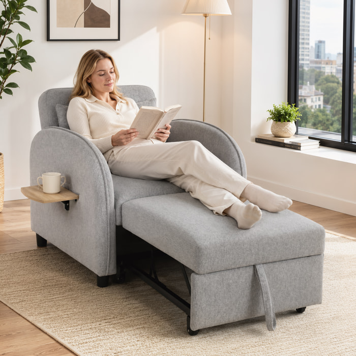 Sofá Cama 1 Plaza Convertible, 3 en 1, con Mesa Lateral Plegable, Sillón Cama con Respaldo Ajustable, Almohada con Funda Lavable, Bolsillo Lateral, para Salón, Dormitorio, Gris