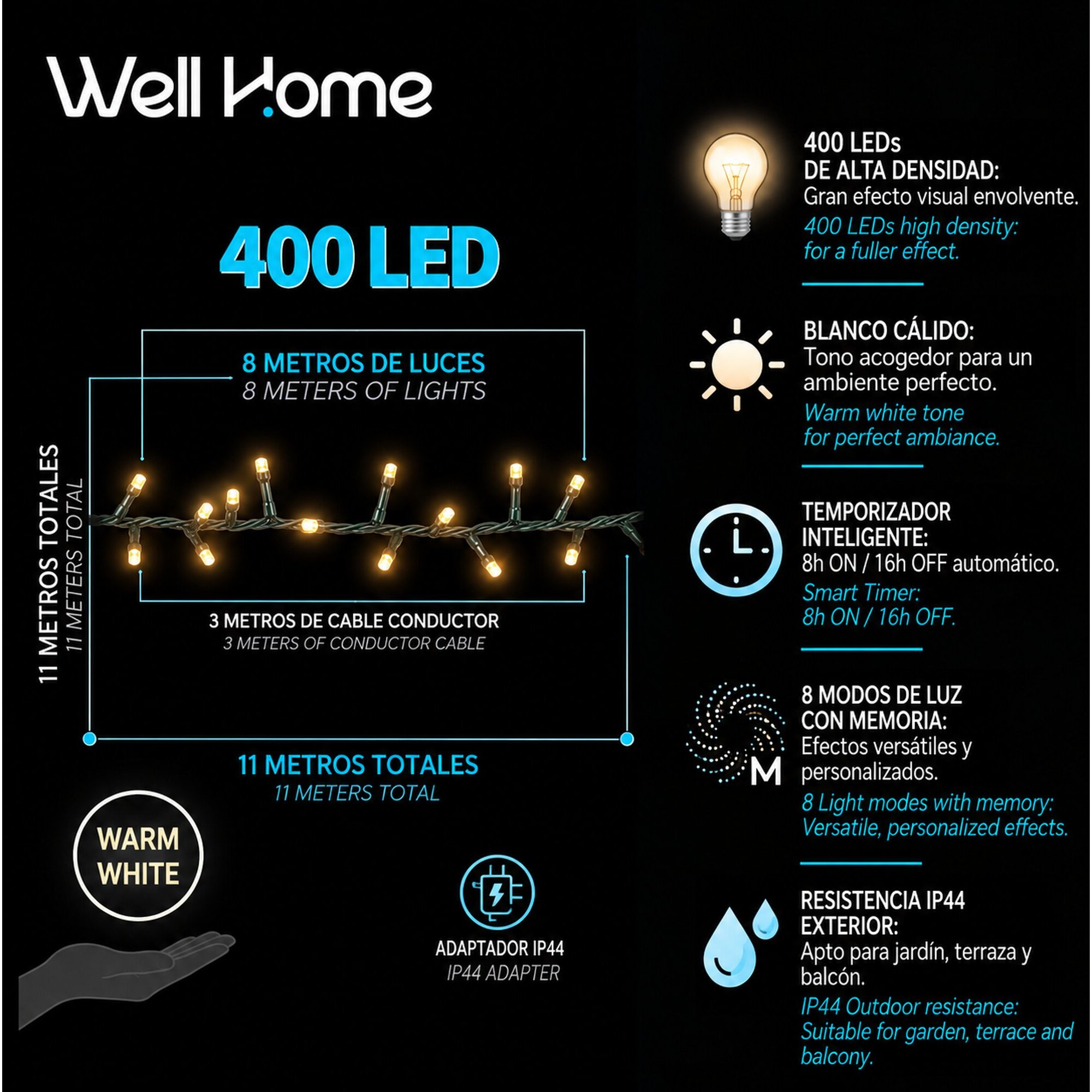 Guirnalda Iluminación navideña con 400 LED Blanco Cálido - 8 metros