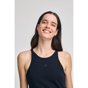 Camiseta azul marino de lino y algodón con monograma bordado