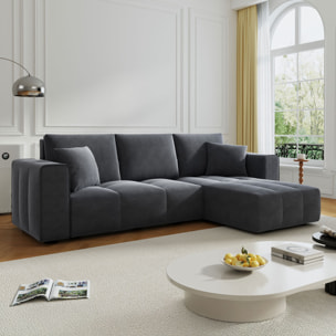 WORTHING Canapé d'angle convertible 4 places avec coffre en velours gris anthracite