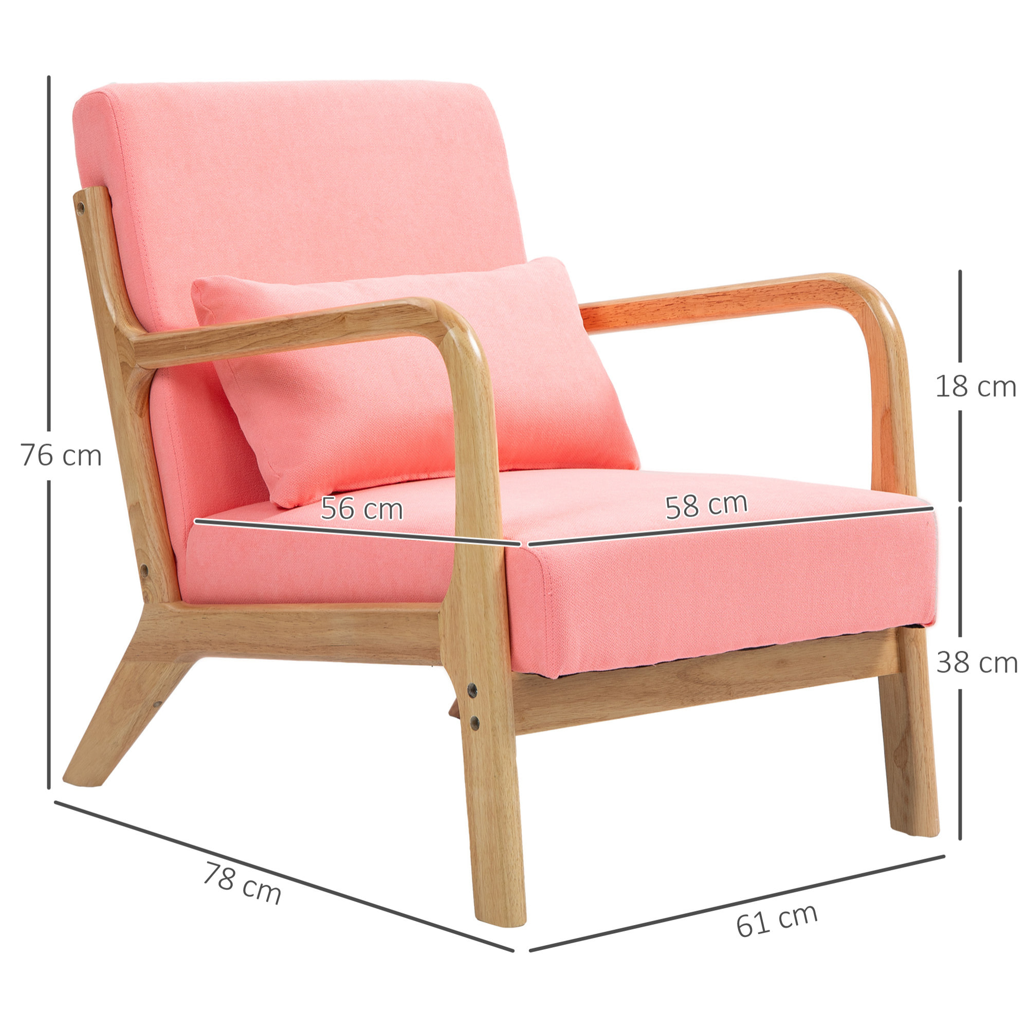 Butaca de Salón Butaca Nórdica Sillón de Salón con Reposabrazos Cojín y Marco de Madera de Caucho para Dormitorio Carga 120 kg 61x78x76 cm Rosa