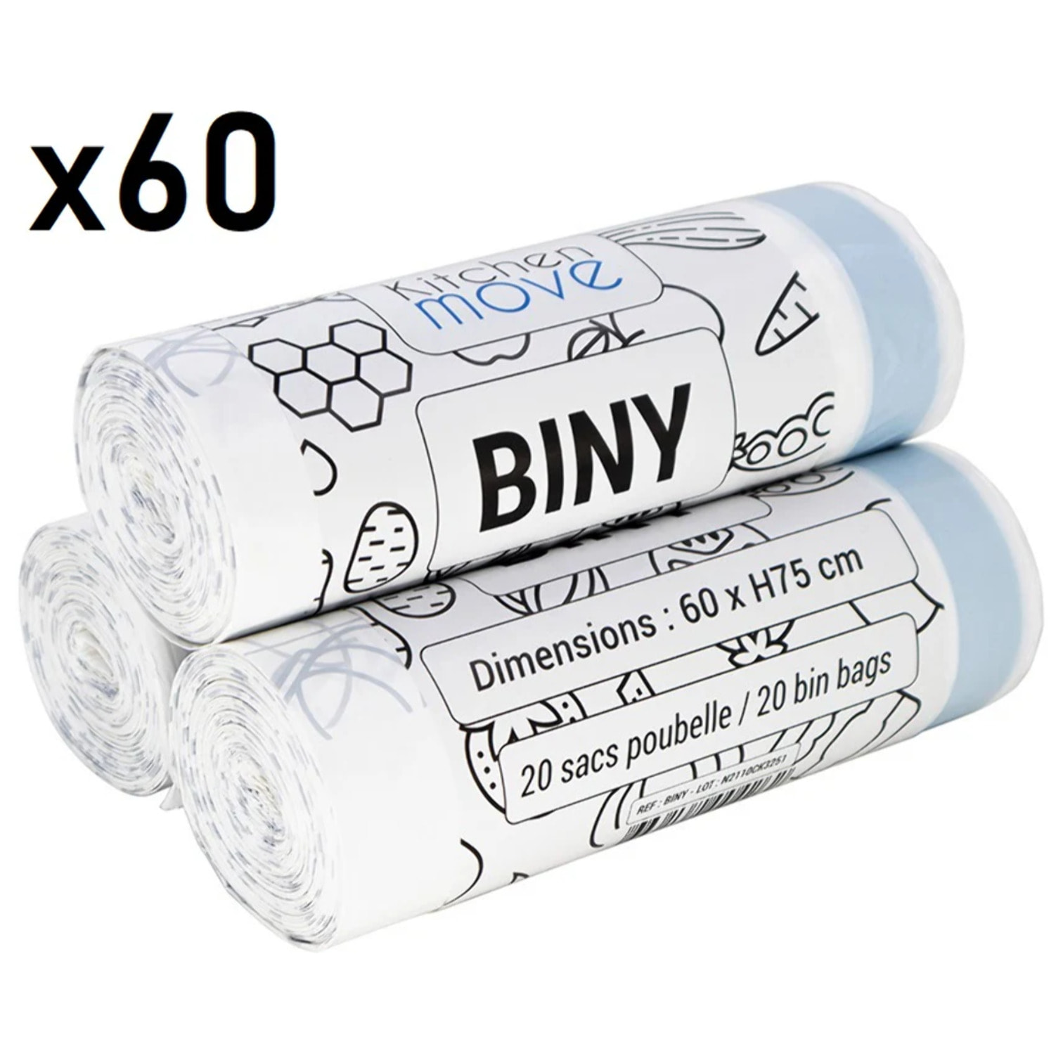 60 sacs poubelles résistants BINY 30L/50L