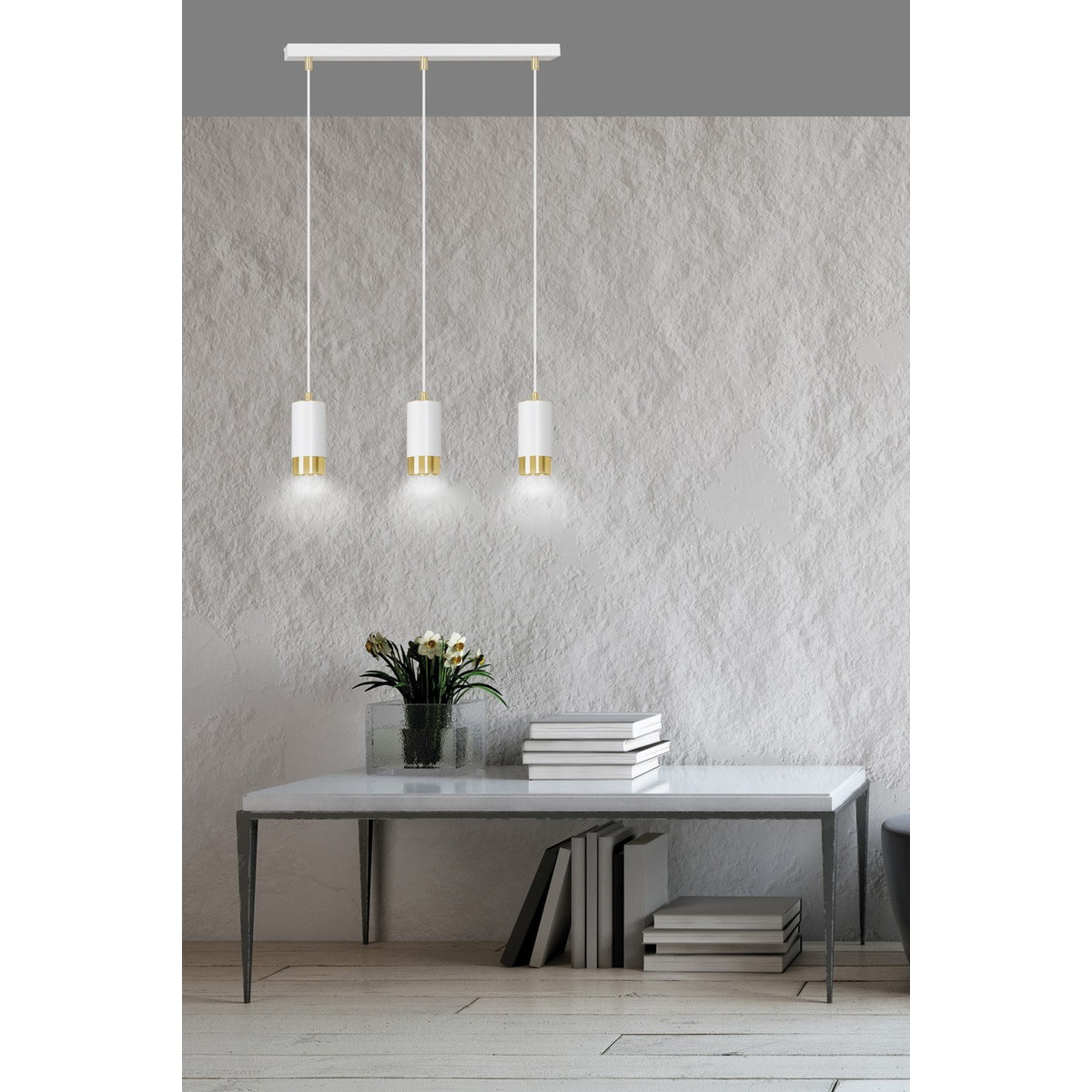 Lampada a sospensione Fumiko in acciaio bianco e oro