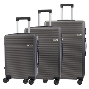 Set di 3 valigie Trolley, in materiale leggero ABS ad alta resistenza. Chiusura numerica e 4 ruote doppie rimovibili e girevoli a 360°.