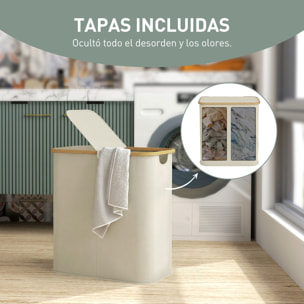 Cesto de Ropa Sucia con Tapa, 80L, Cesta de Ropa Sucia Plegable de Tela no Tejida, Marco de Bambú, con 2 Compartimentos, Asas de Ranura, para Lavandería, 54x34x58,5 cm, Beige