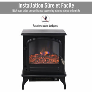 Cheminée électrique poêle style néo-rétro 975-1950 W simulation flammes LED porte noir