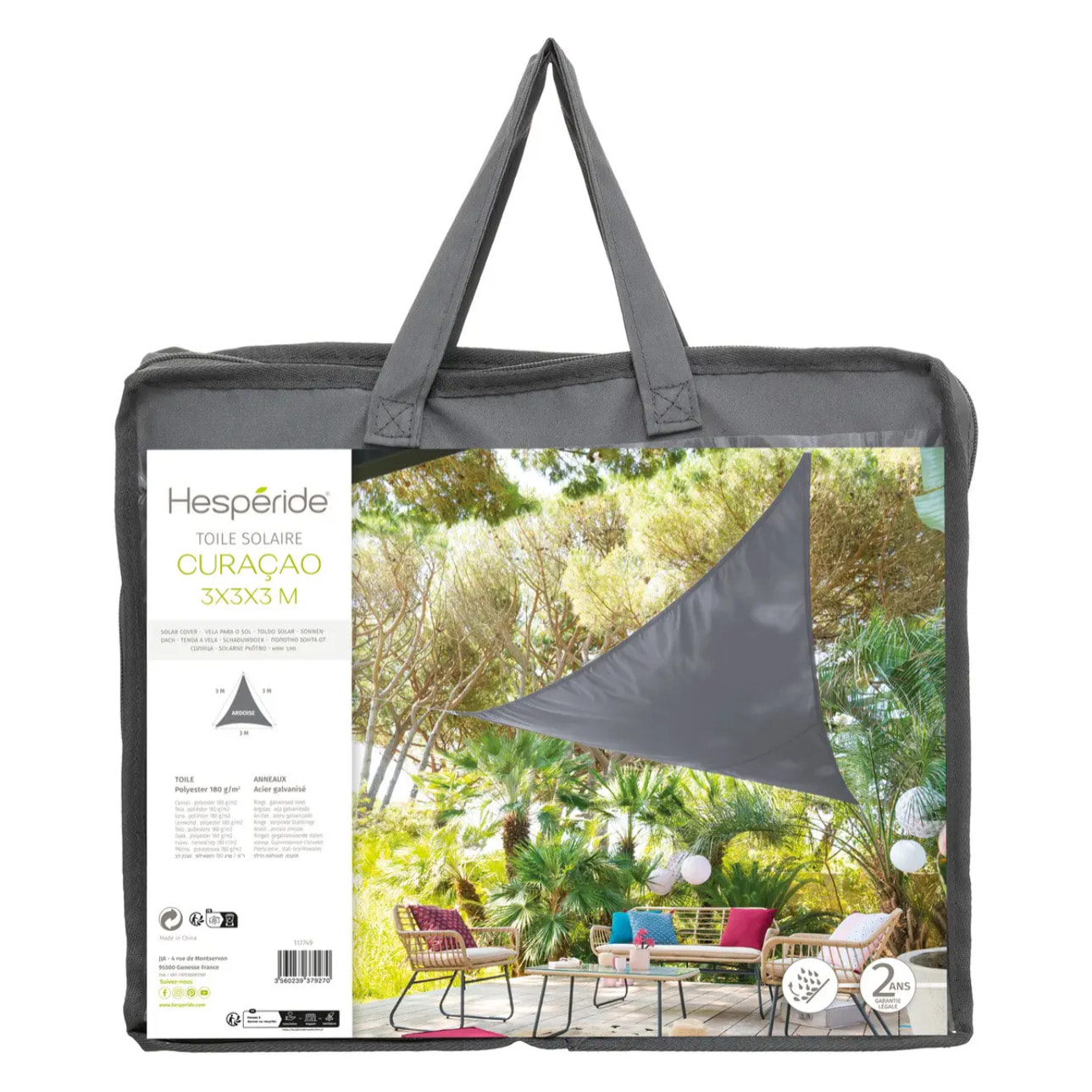 Voile d'ombrage triangulaire "Curacao" gris 3x3x3m en polyester