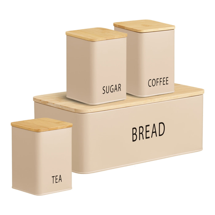 Set cucina Tula: panettiera e 3 contenitori in metallo beige e bambù
