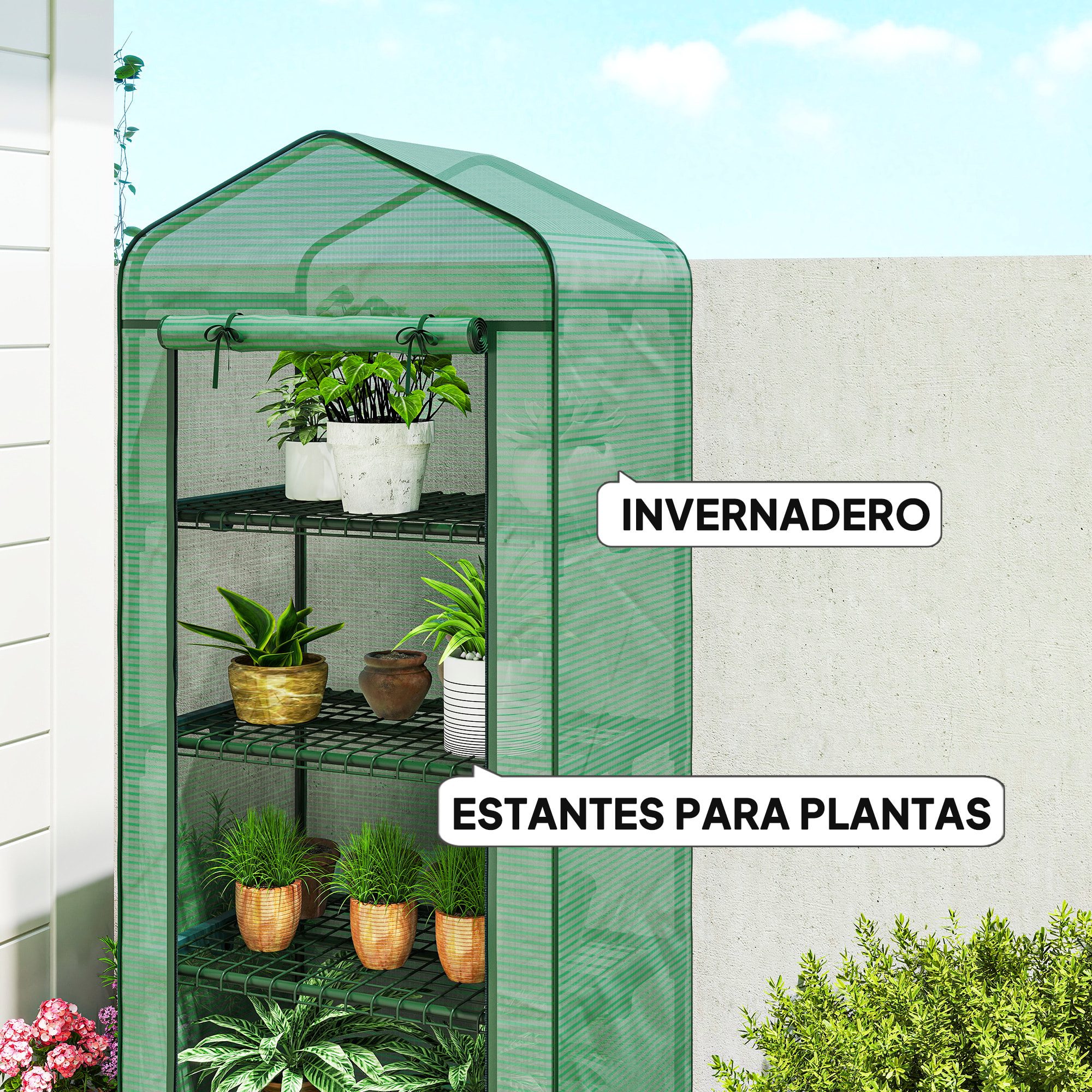 Invernadero de Exterior con 4 Estantes y Ruedas, Invernadero de Jardín con Puerta Enrollable, Marco de Acero y Cubierta PE 140g/ãŽ¡ Anti-UV, Impermeable para Terraza, Patio, 69x50x165 cm, Verde