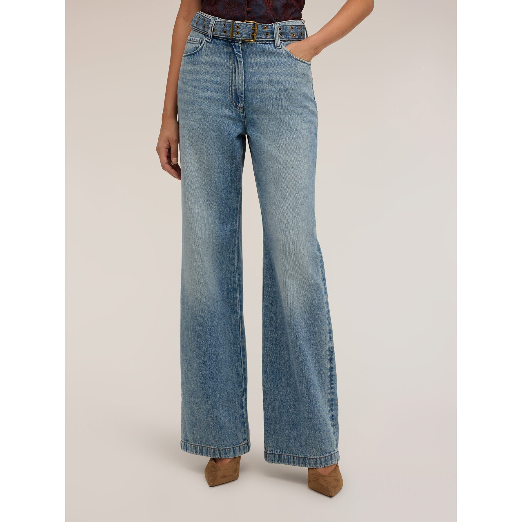 Motivi - Jeans palazzo washed con cinturón con tachuelas - Light - blue