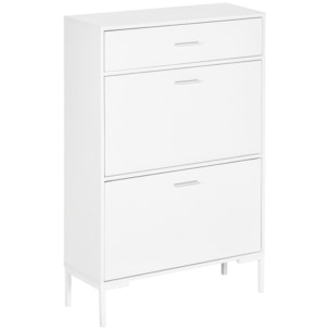 Meuble à chaussures 12 paires, armoire à chaussures étroite avec 2 tiroirs rabattables, 1 tiroir et étagères réglables, style moderne, pour couloir, entrée, 75 x 26 x 110 cm, blanc