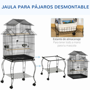 Jaula para Pájaros con Ruedas Jaula Grande con Soporte Pajarera con Bandeja Extraíble Puertas Comederos Perchas y Estante Inferior para Cacatúa ninfa Cotorra del Sol 50x49x137 cm Negro