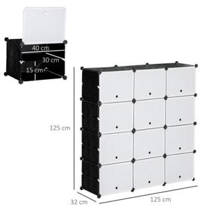 Armario Modular de Plástico Cajas de Zapatos con 12 Cubos Zapatero Organizador para Entrada Pasillo Dormitorio 125x32x125 cm Negro y Blanco