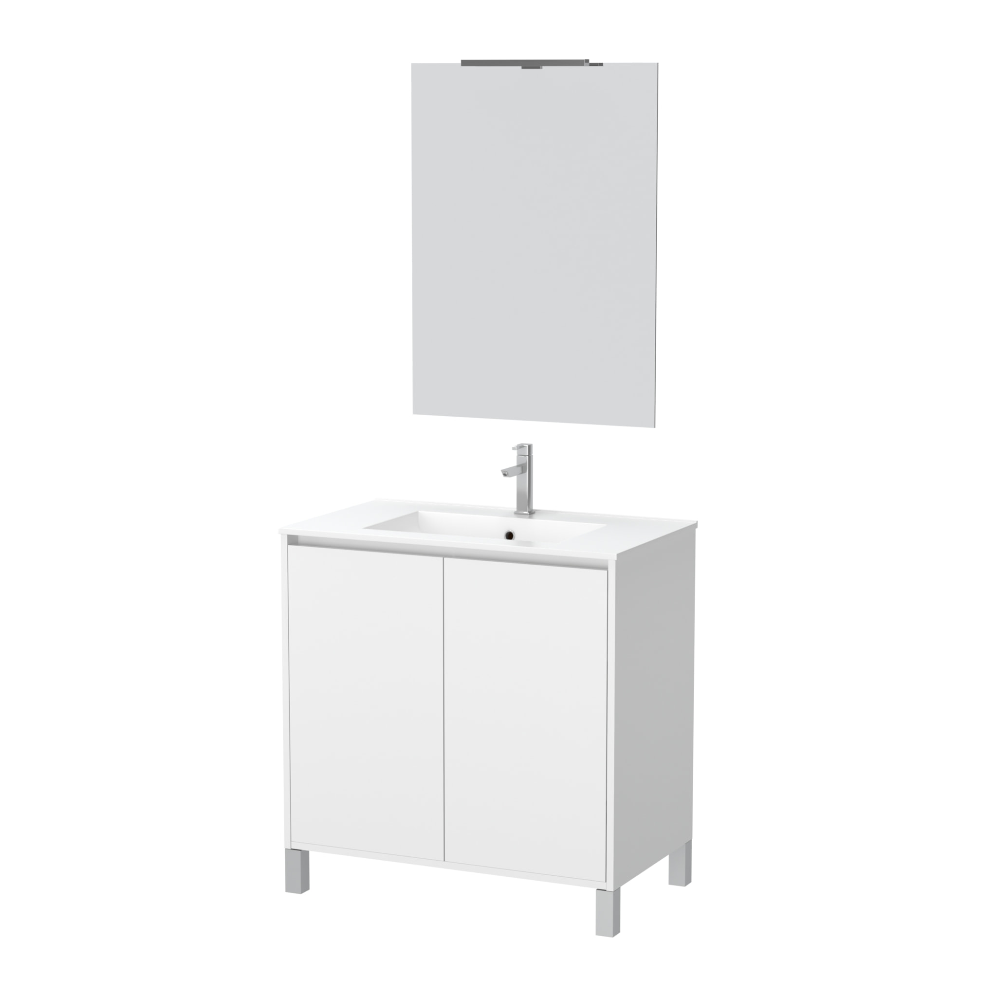 Pack Meuble Salle de Bains 80cm Blanc 2 Portes, Vasque, Miroir 60x80 et réglette Led - XENOS
