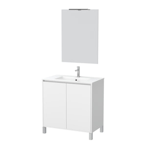 Pack Meuble Salle de Bains 80cm Blanc 2 Portes, Vasque, Miroir 60x80 et réglette Led - XENOS
