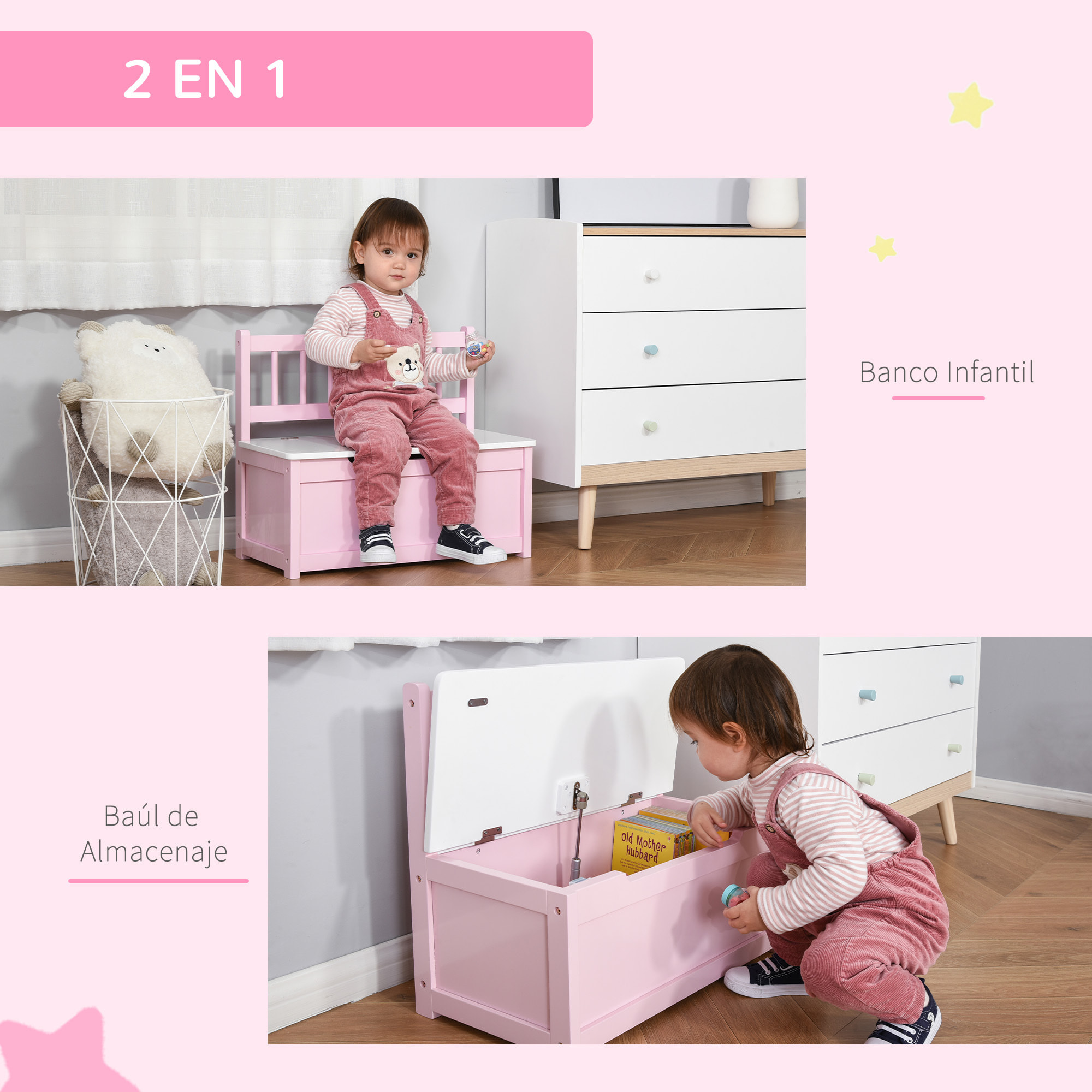 Baúl para Juguetes Banco Almacenaje para Niños con Respaldo y Tapa Amortiguadora Carga 40 kg para Salas de Juego Dormitorio 60x30x50 cm Rosa y Blanco