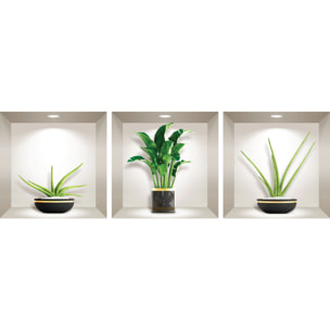 Stickers muraux 3D | Sticker Mural Autocollant effet 3D bananier et plantes dans les vases - Stickers adhésifs 3D Chambre Salon Trompe l'oeil