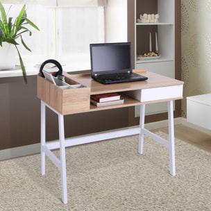 Bureau informatique multi-rangement style contemporain dim. 100L x 55l x 82H cm métal blanc MDF chêne clair