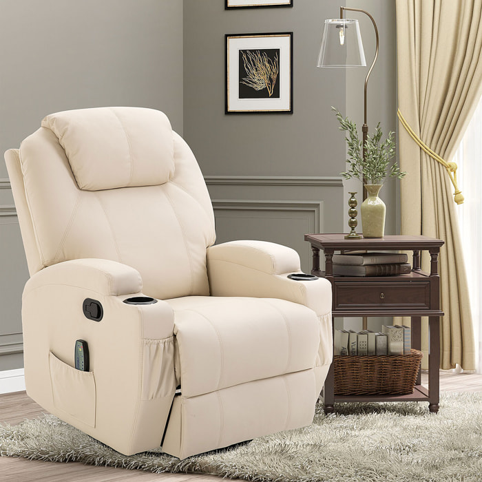 Fauteuil de massage inclinable, fauteuil de relaxation, dossier et repose-pieds réglable manuellement, fonction bascule, télécommande, pivotant à 360°, porte-gobelets et poches latérales, crème