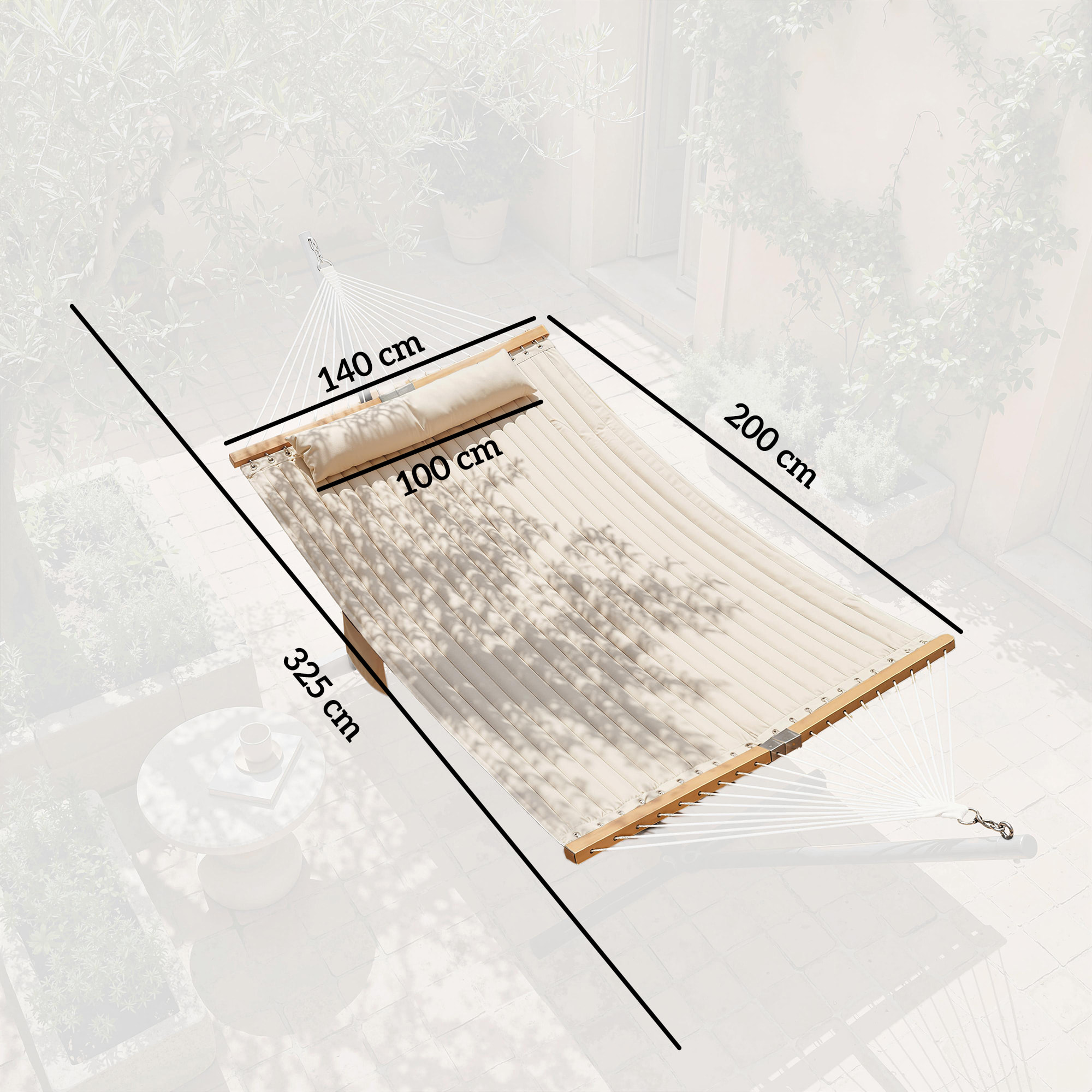 Hamaca Acolchada, Hamaca de Jardín Portátil con Almohada Desmontable, Bolsillo para Revistas, Barras Curvadas de Madera, Carga 200 kg, para Patio, Terraza, 325x140 cm, Crema