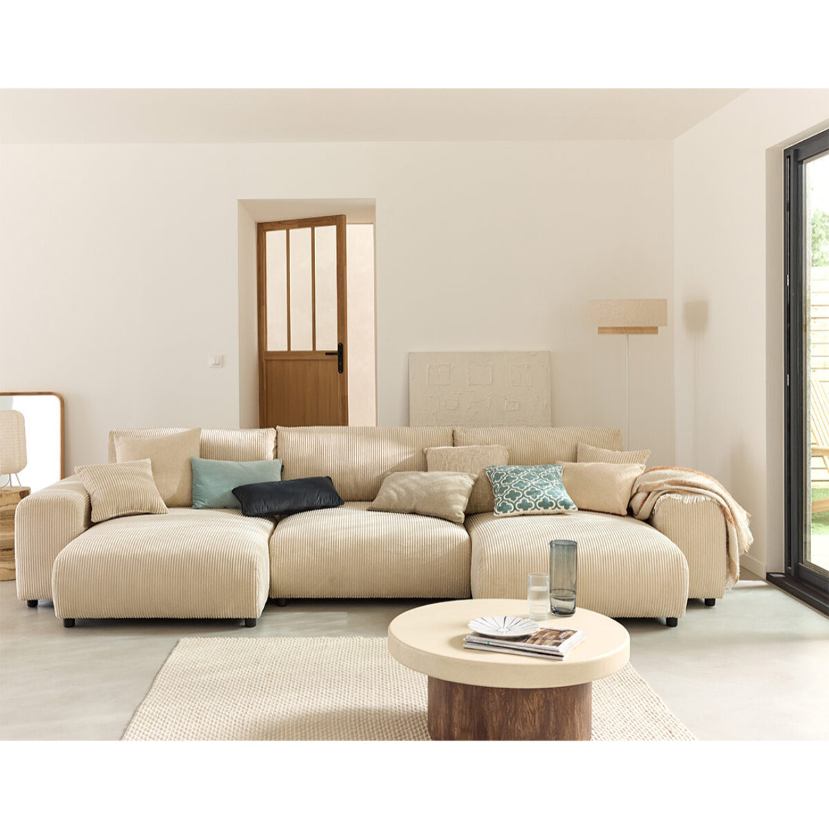 Garance - canapé panoramique en U - 7 places - en velours côtelé - Beige