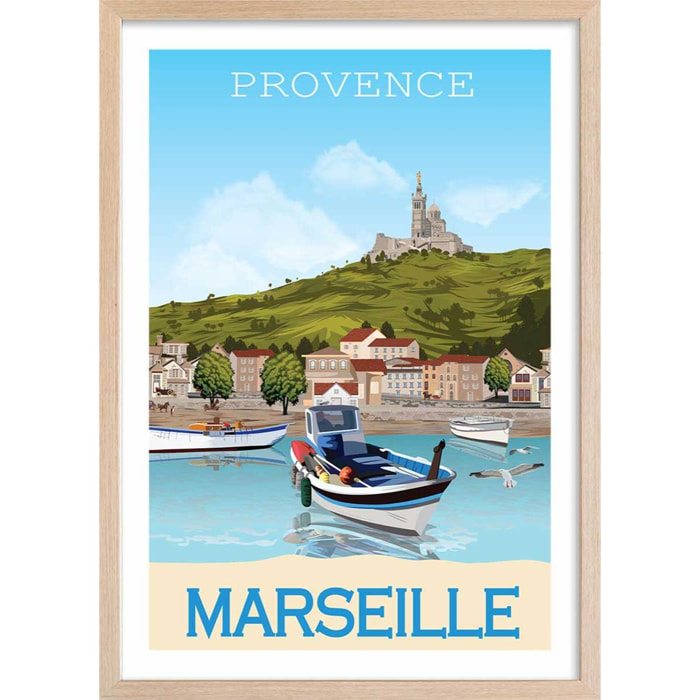 Affiche vintage le vieux port de marseille Affiche + cadre en bois - Chêne
