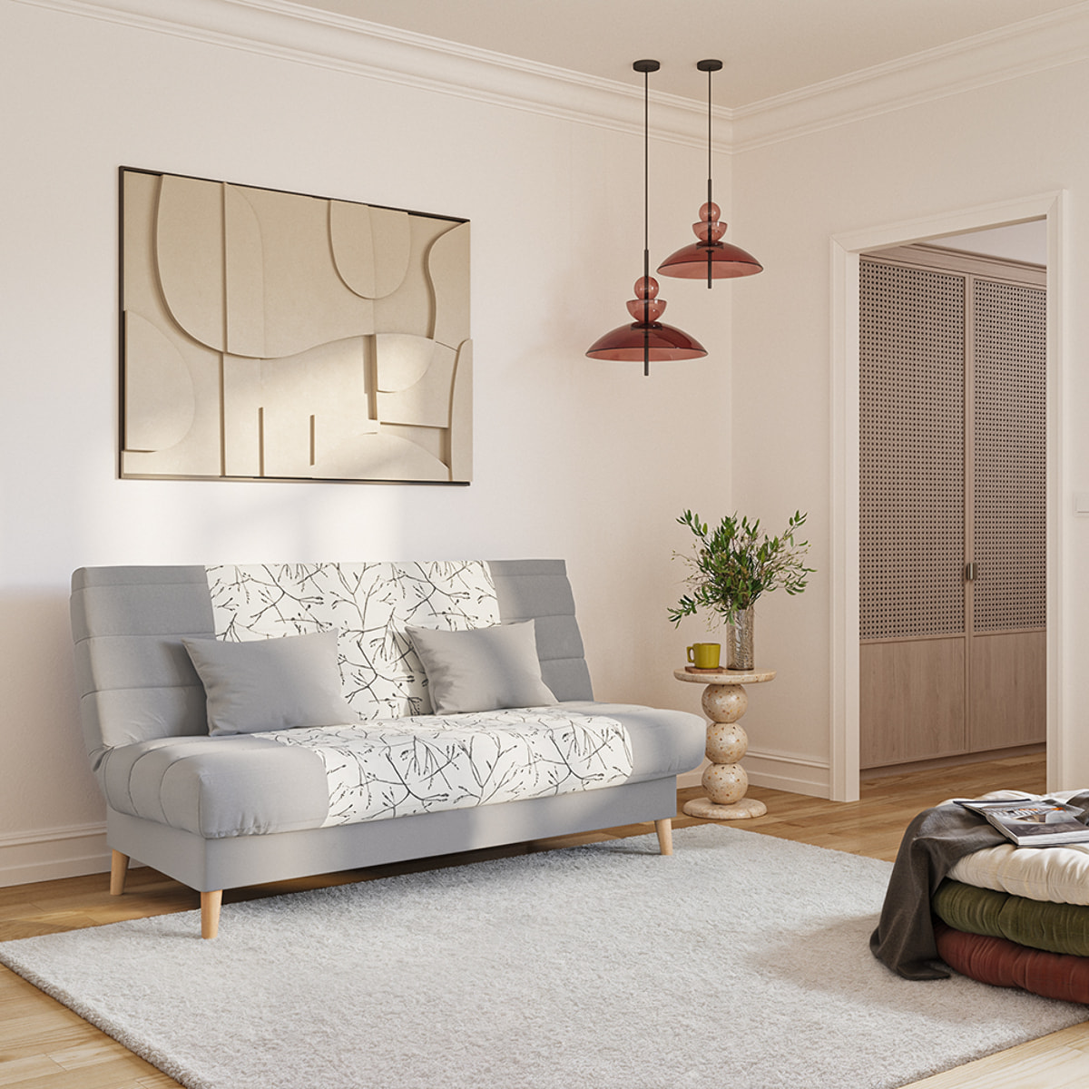 Canapé convertible Soho, matelas Simmons, 130 x 190 cm, 2 coussins offerts, Beige à motifs