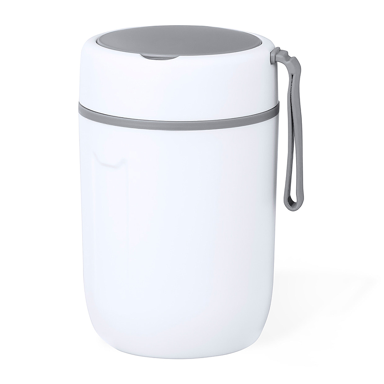 Fiambrera de doble pared, fabricada en acero inox y PP de 500 ml de capacidad. Cierre de seguridad y cubierto pleglable.