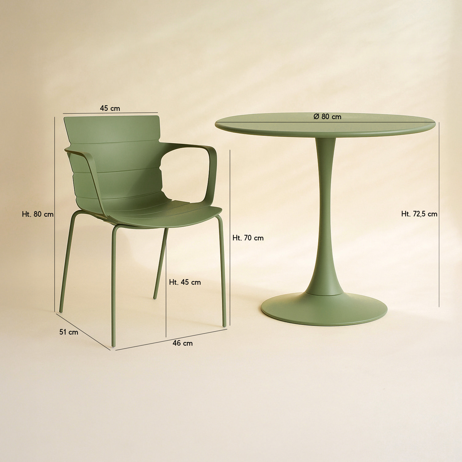 Ensemble table ronde et 4 fauteuils vert MONTAUK