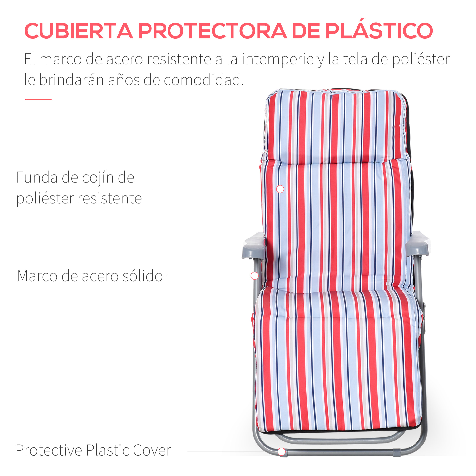 Pack de 2 Tumbonas Plegables Tumbonas de Jardín Exterior con Cojín Acolchado, Respaldo Ajustable en 5 Posiciones, Reposapiés y Marco de Acero, 60x75x65-102 cm, Rayas Rojo