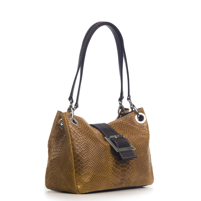FIRENZE ARTEGIANI Anzio Borsa a Spalla da Donna. Vera Pelle Scamosciata Incisione Serpente Made in Italy 28x12x17 Cm. Colore: pelle
