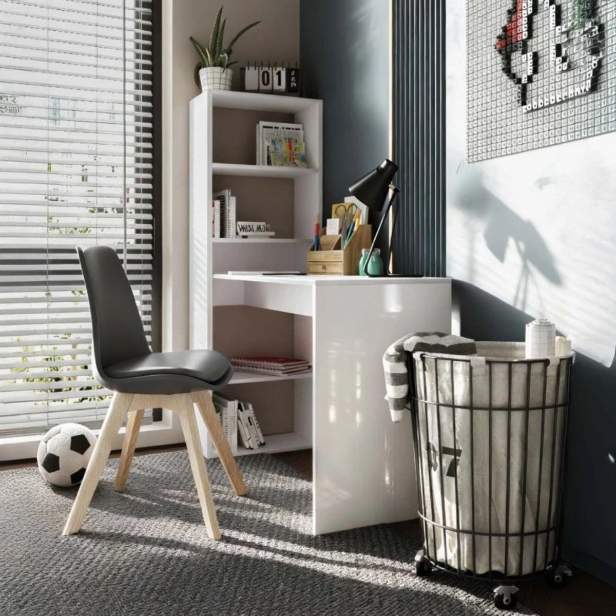 Mesa de escritorio con estantería Cosmic en blanco artik 120 x 144 cm Blanco Artik (Blanco Mate)