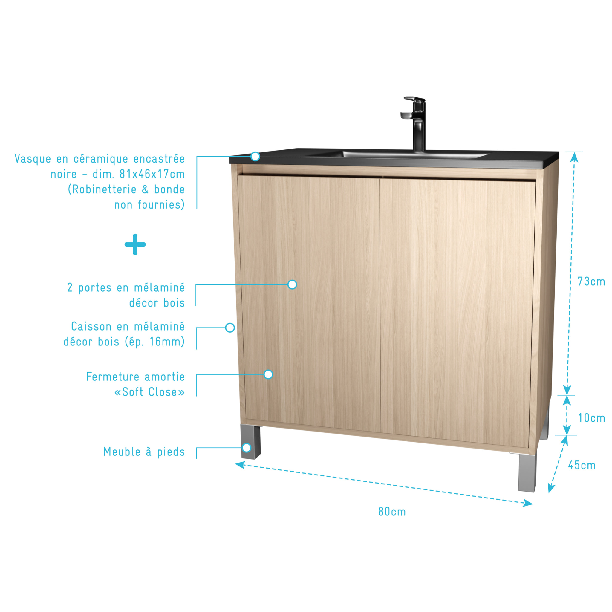 Meuble de salle de bains 80 cm 2 Portes Chêne Clair + Vasque Céramique Noire - XENOS