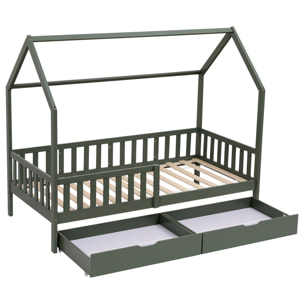 Lit cabane pour enfant 190x90cm vert avec tiroirs MARCEAU