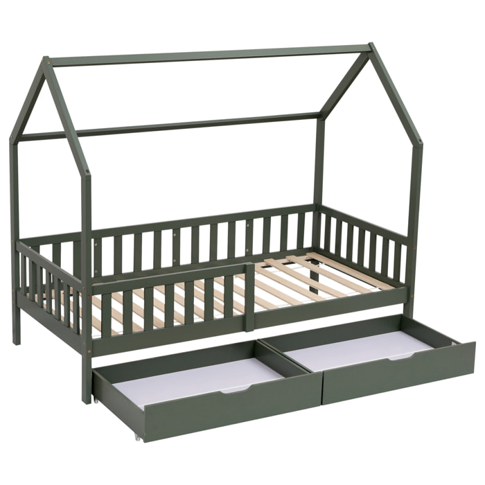 Lit cabane pour enfant 190x90cm vert avec tiroirs MARCEAU