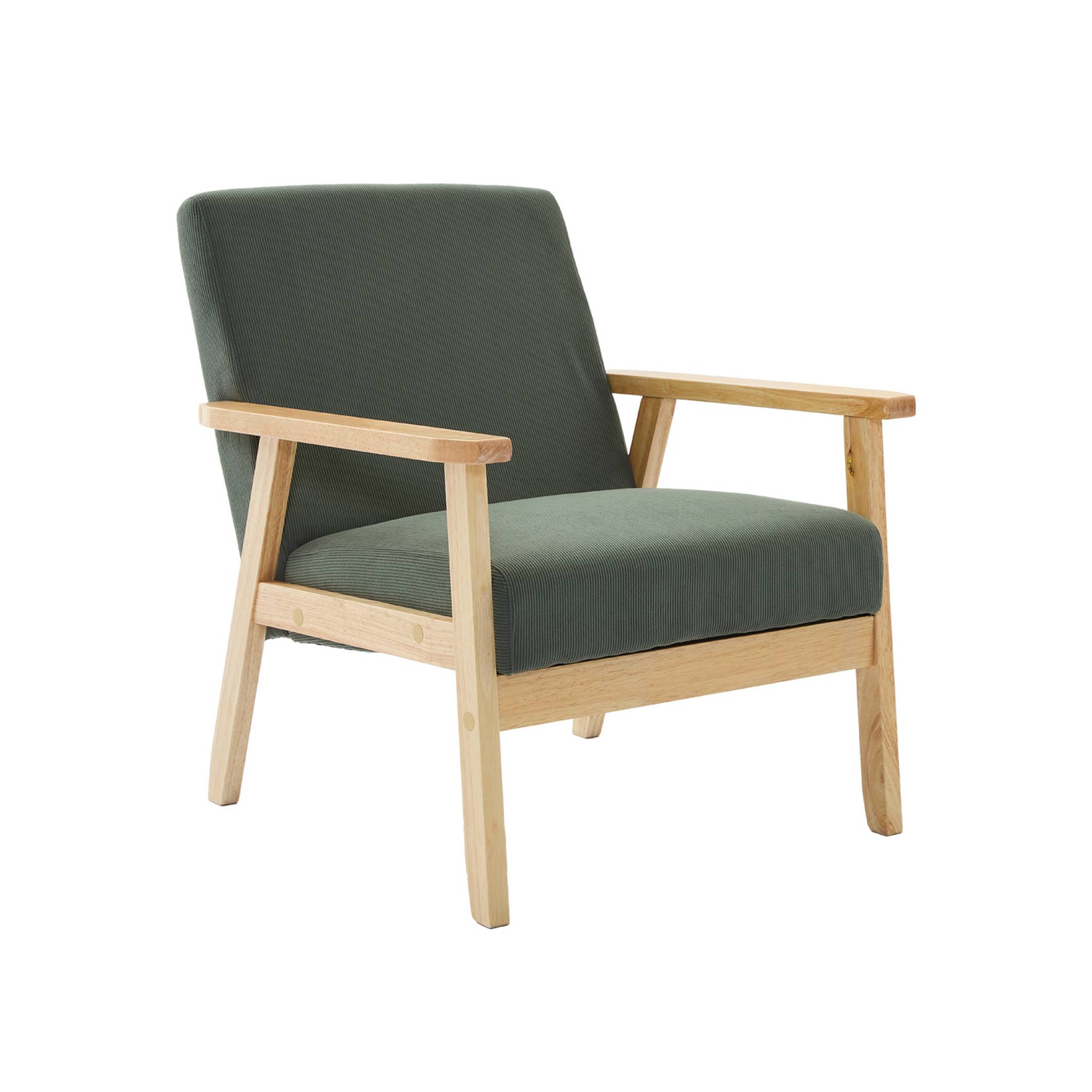 Fauteuil vintage / scandinave structure en bois et contreplaqué et assise en velours côtelé vert kaki