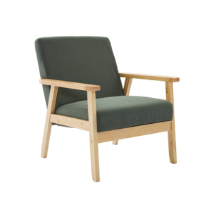 Fauteuil vintage / scandinave structure en bois et contreplaqué et assise en velours côtelé vert kaki