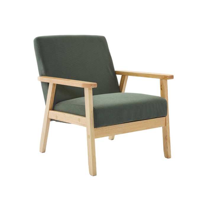 Fauteuil vintage / scandinave structure en bois et contreplaqué et assise en velours côtelé vert kaki