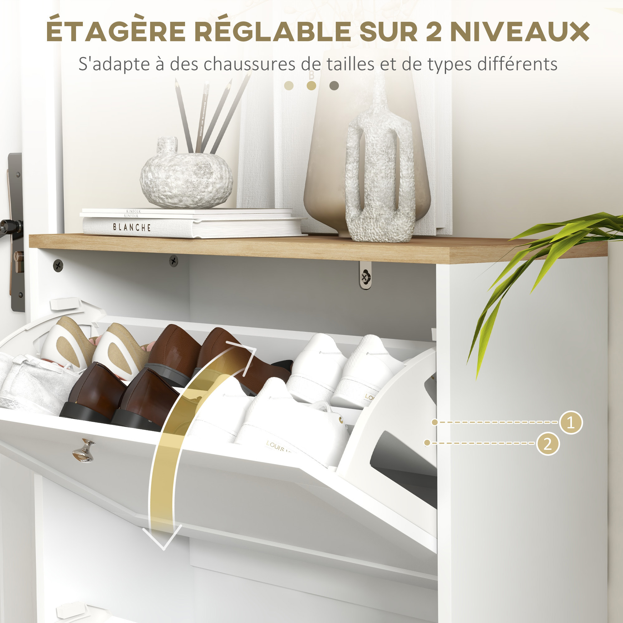 Meuble à chaussures 2 tiroirs rabattables blanc effet bois chêne clair