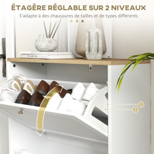 Meuble à chaussures 2 tiroirs rabattables blanc effet bois chêne clair